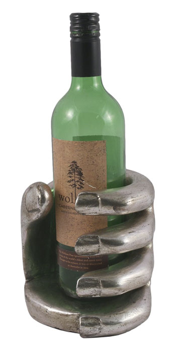 Wooden Hand Wine Bottle Holder Antique Silver Finish